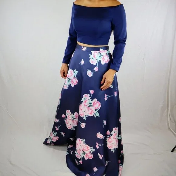 2 Cute Brand Navy Floral Two Piece Formal Gown $469
